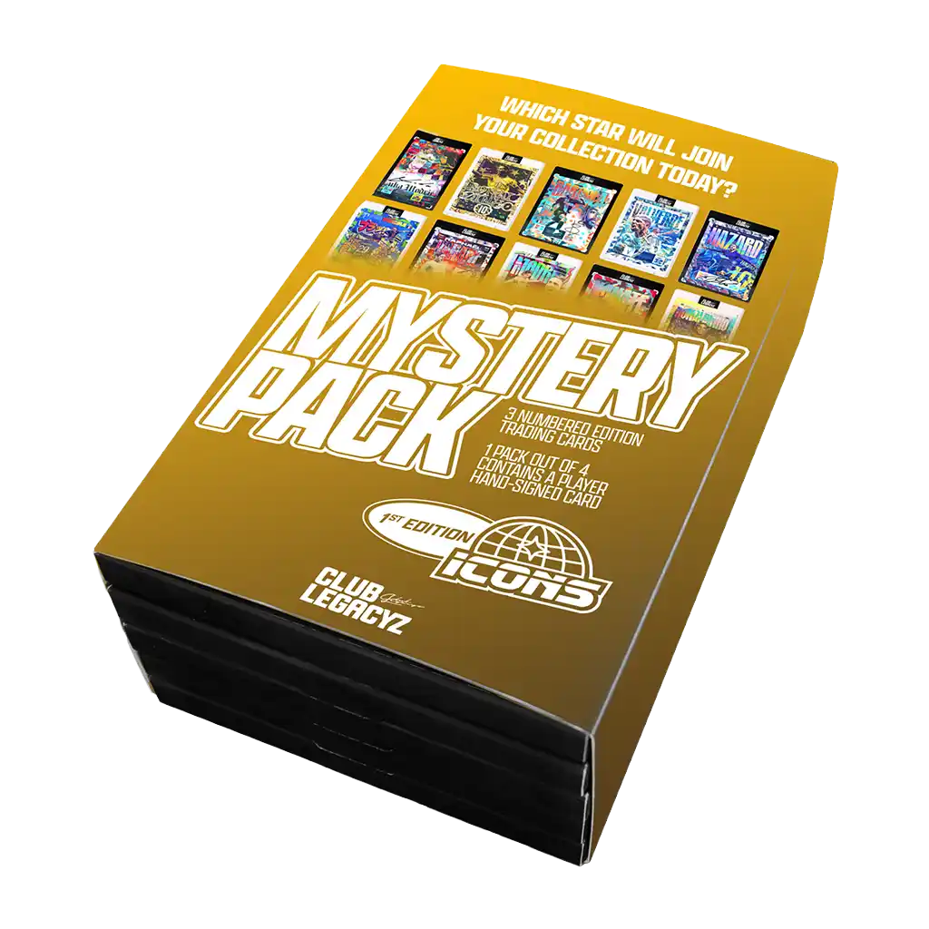 Club Legacyz Icons 1st Edition Mystery Pack Trading Cards – goldene Box mit 3 nummerierten Karten und Chance auf signierte Autograph Card (1 in 4 Boxen)