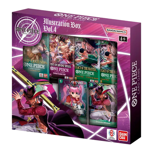 One Piece Card Game Illustration Box Vol.4 mit Dracule Mihawk als Hauptmotiv. Beinhaltet Booster Packs von „Two Legends“, „Fist of Divine Speed“ und zweimal „Legacy of the Master“ sowie zwei exklusive Promo-Karten von Dracule Mihawk und Perona