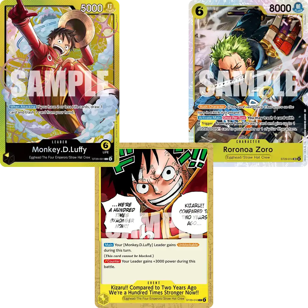 One Piece Card Game Starter Deck ST-29 Egghead – Beispielkarten mit Monkey D. Luffy Leader, Roronoa Zoro Charakter und Eventkarte aus dem Egghead Arc (englische Version).