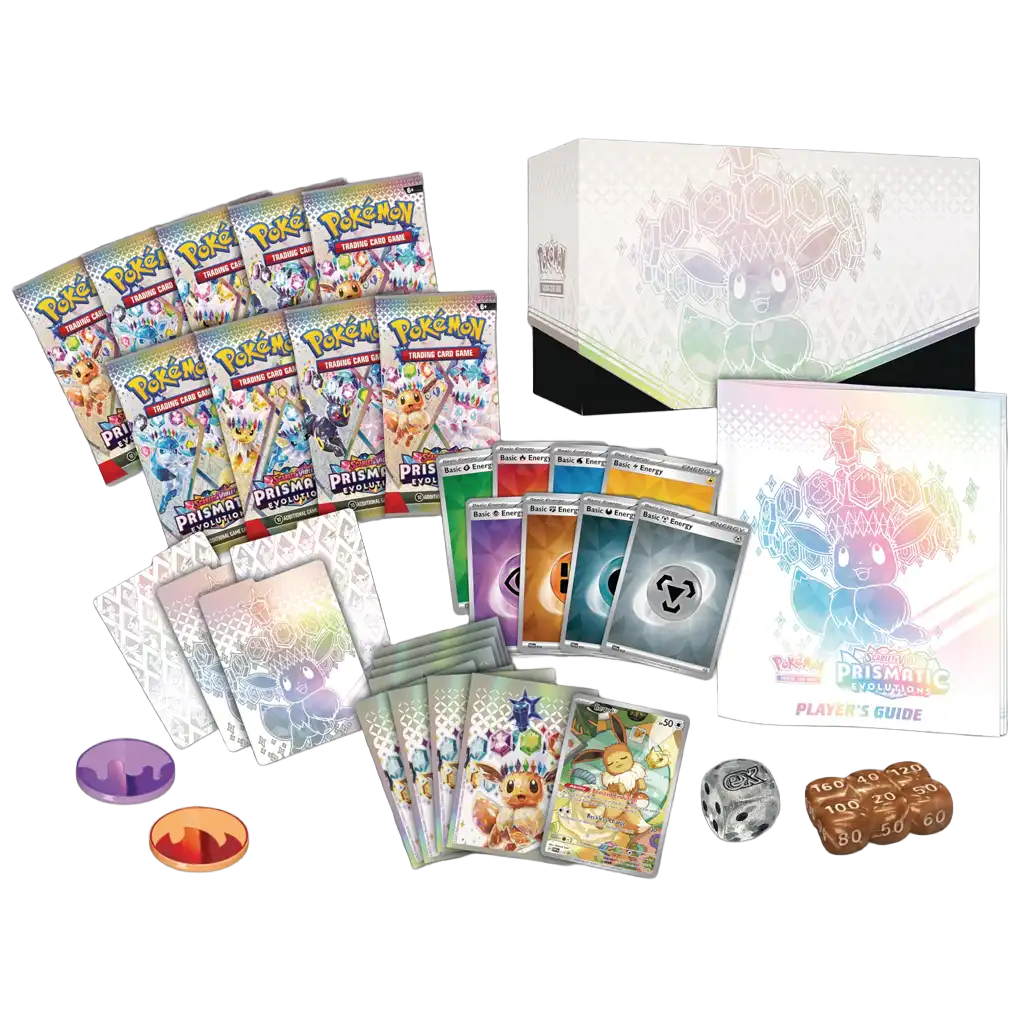 Pokémon Prismatic Evolutions Elite Trainer Box – Box mit 9 Prismatic Evolutions Boosterpacks, Eevee ex Illustration-Rare-Promo und 65 Rainbow-Eevee-Hüllen“