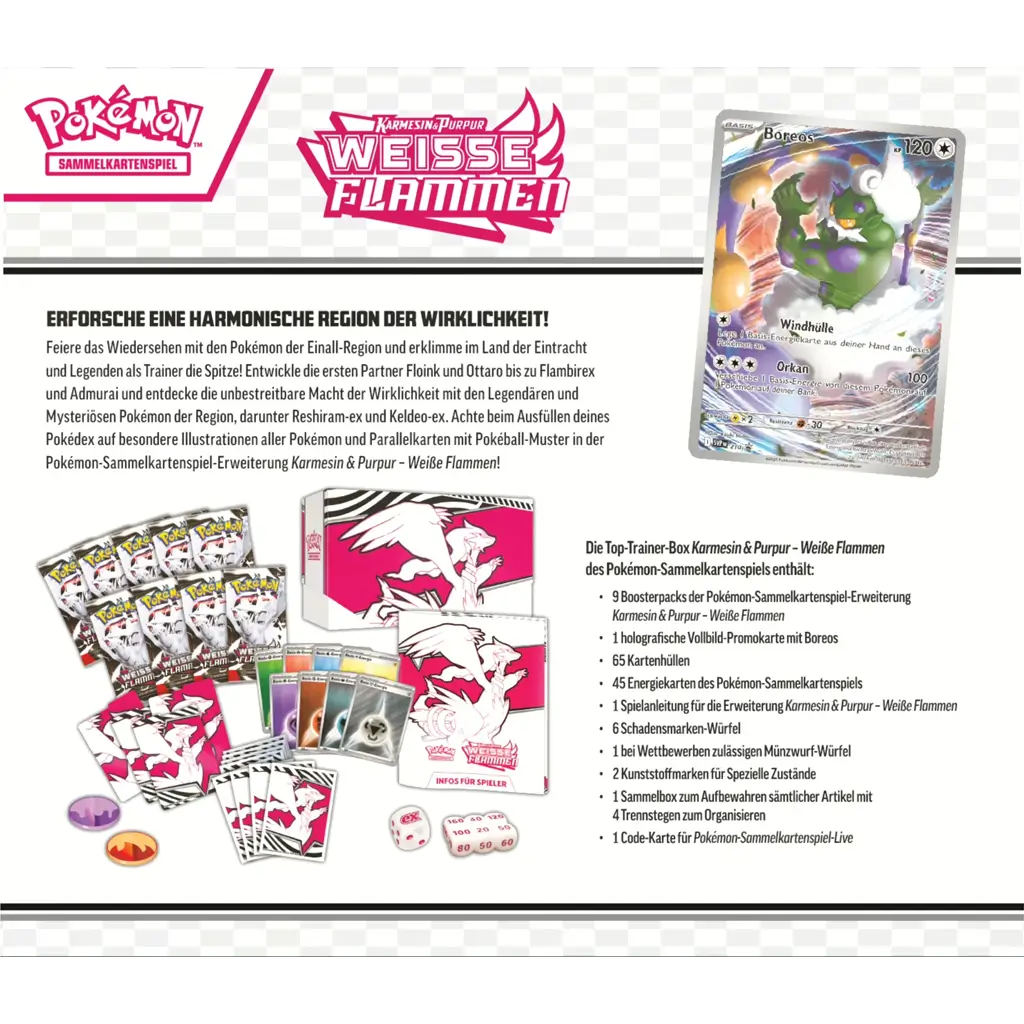 Pokémon Top Trainer Box KP10.5 Weiße Flammen – Premium Zubehör‑Box mit 9 Boostern und Promo‑Karte Inhalt