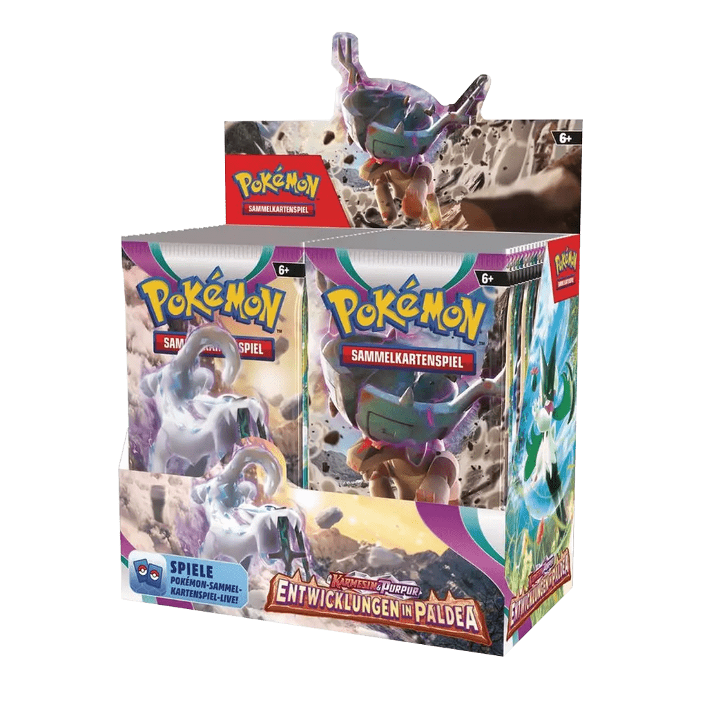 pokemon karmesin und purpur entwicklungen in Paldea booster display deutsch und englisch