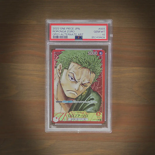 One Piece Card Game – Roronoa Zoro OP01-001 Alternate Art Leaderkarte – PSA 10 Gem Mint Bewertung, japanische Ausgabe von 2022