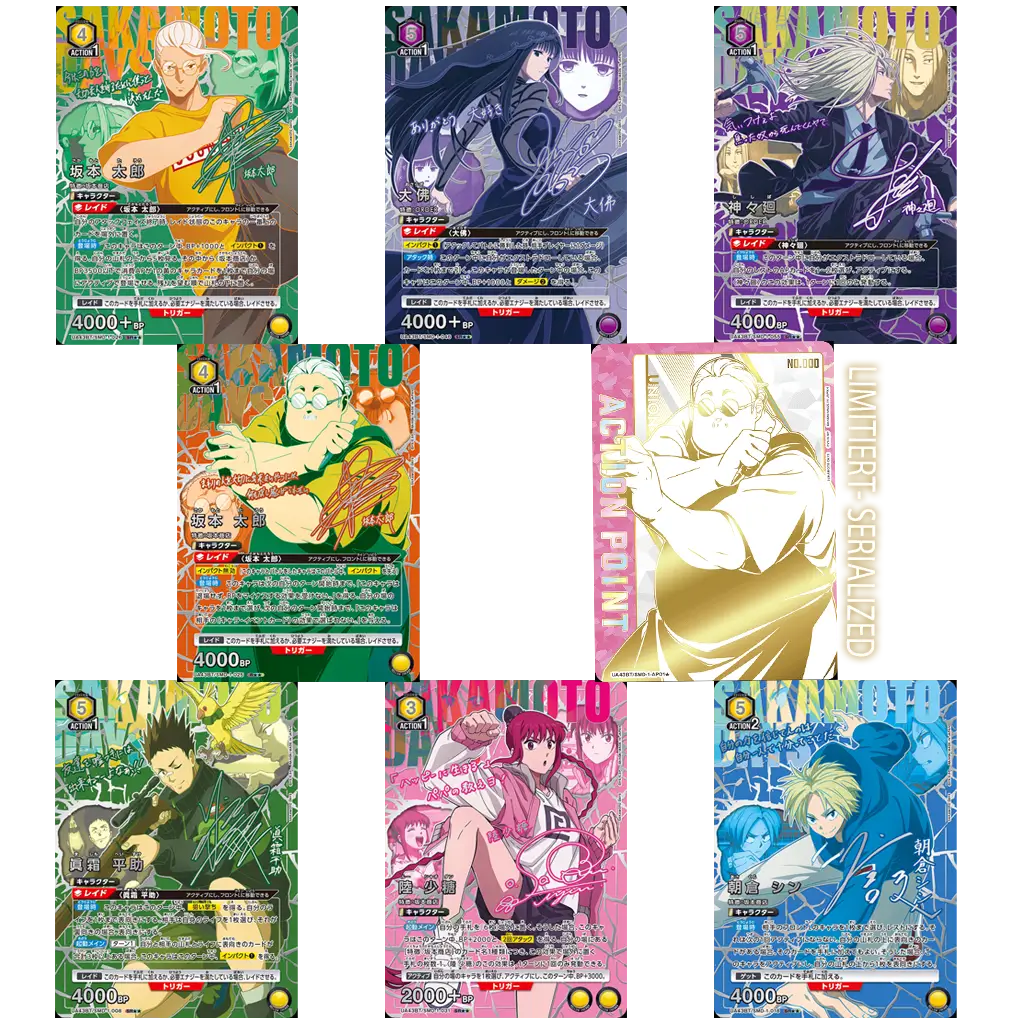 Union Arena Sakamoto Days UA43BT Chase Karte Foil Autogramm Taro Sakamoto Shin Asakura Signatur Foil Lu Xiaotang Foil Rare AP Karte mit Seriennummer – limitierte Sammlerkarte