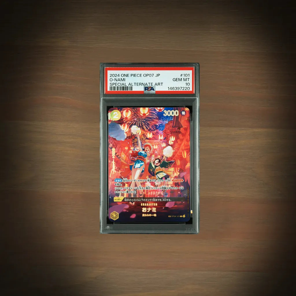 O-Nami OP06-101 Special Alternate Art aus OP07 in japanischer Sprache bewertet mit PSA 10 Gem Mint