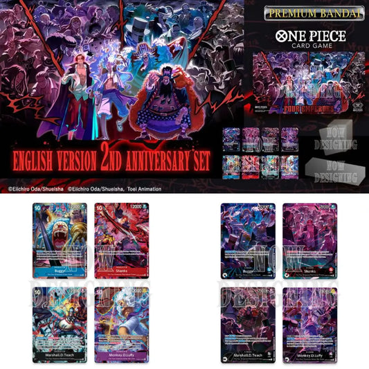 One Piece Card Game 2nd Anniversary Set – komplette Inhaltübersicht mit Playmat, Karten und Storage-Box im Four-Emperors-Design