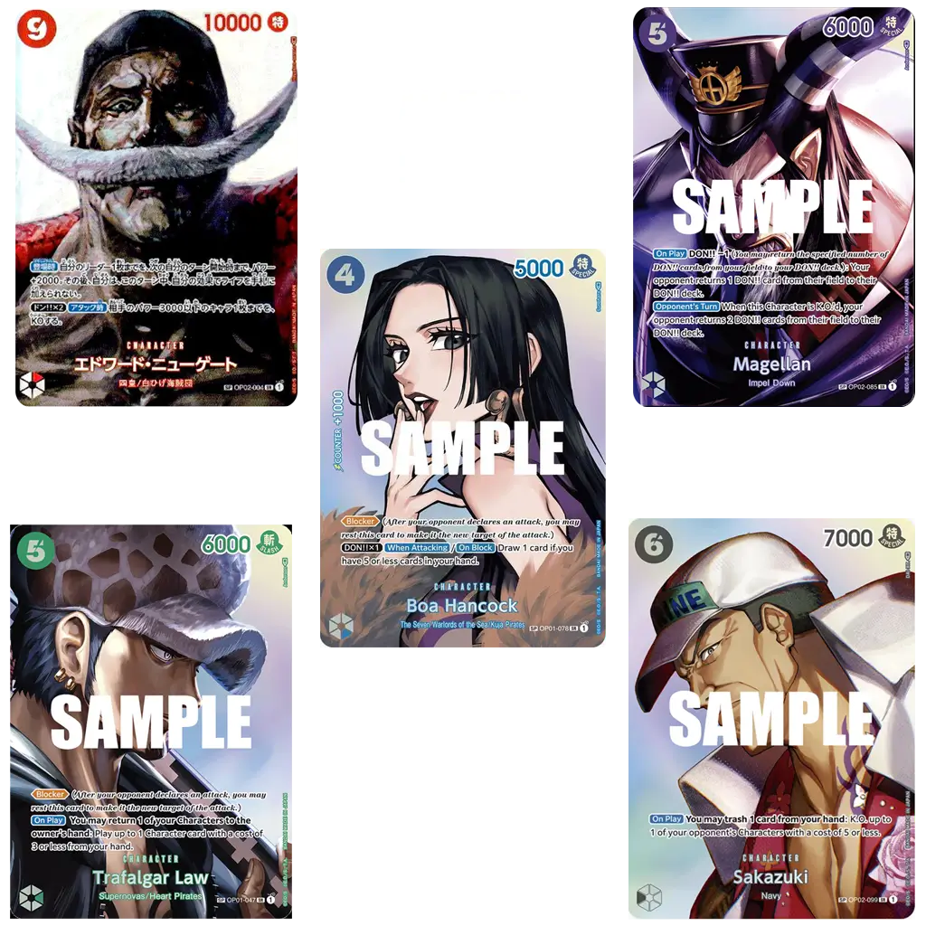 One Piece Card Game OP04 Kingdoms of Intrigue – Special Parallel Karten Edward Newgate, Boa Hancock, Magellan, Trafalgar Law und Sakazuki