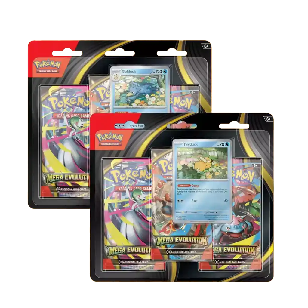 Pokémon Mega Evolution ME01 3-Pack Blister Englisch mit 3 Boostern, Promokarte und Münze mit Enton und Entoron Promo