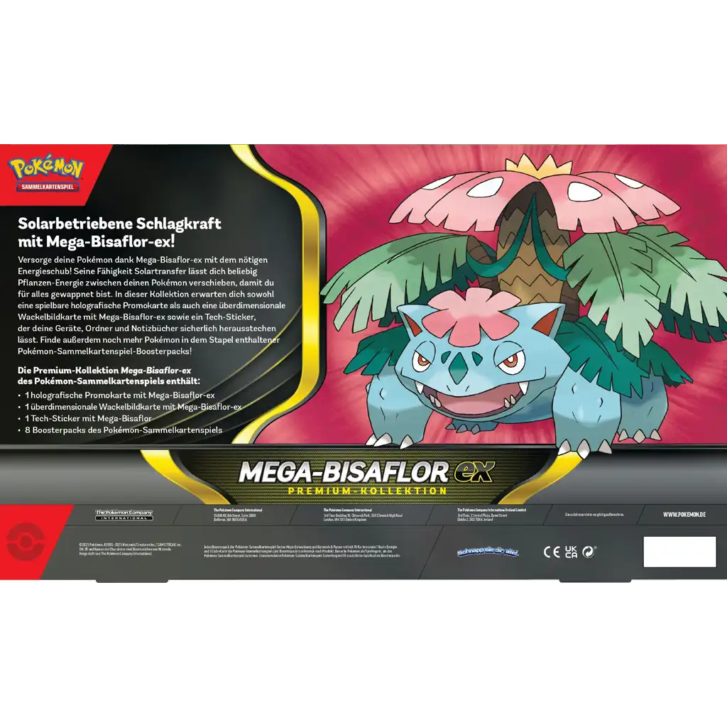 Rückseite der Pokémon Mega-Bisaflor-ex Premium-Kollektion (Deutsch) mit Produktbeschreibung, Mega-Bisaflor-Illustration und Auflistung des Inhalts wie Promo-Karten, Wackelbild, Tech-Sticker und Boosterpacks.