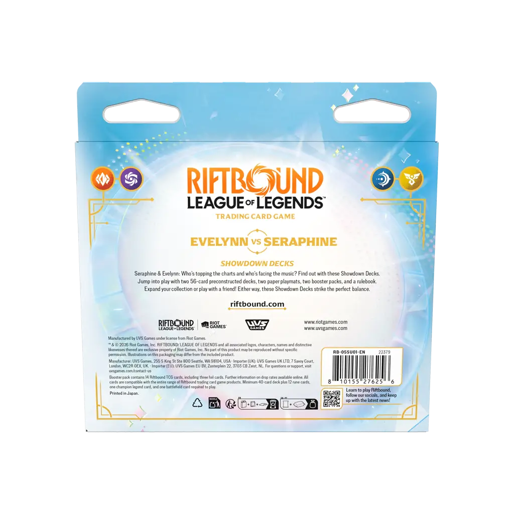 Rückseite der Riftbound Radiance Evelynn vs Seraphine Showdown Decks mit Produktinhalt und GTIN