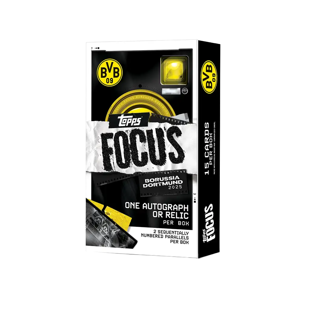 Topps Focus Borussia Dortmund 2025 Trading Cards Box mit 15 Karten und garantiertem Autogramm oder Relic