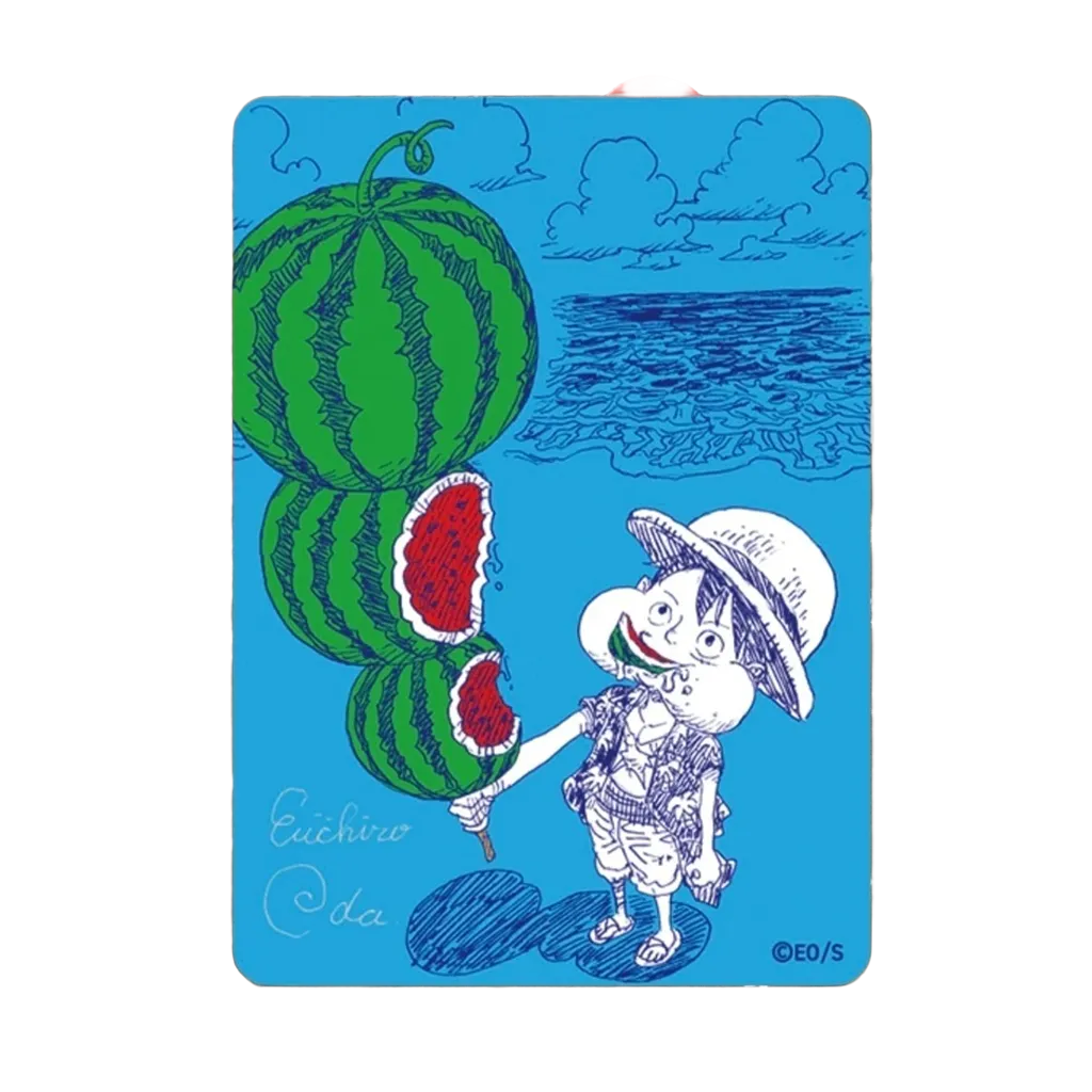 ONE PIECE Watermelon Luffy Shueisha Natsucomi 2026 Metakira Card mit gedruckter Eiichiro Oda Signatur
