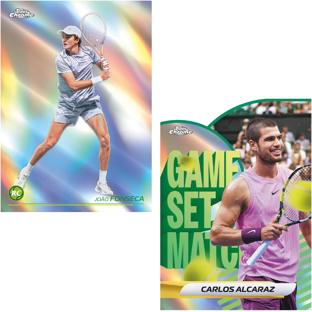 João Fonseca Rookie Card und Carlos Alcaraz Game Set Match Beispielkarte aus Topps Chrome Tennis 2026