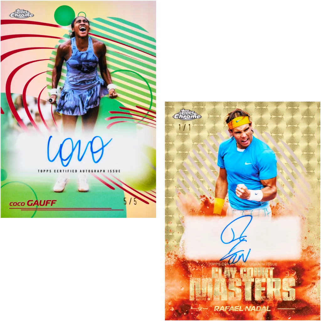 Beispielkarten mit Coco Gauff Autogramm und Rafael Nadal Clay Court Masters Autogramm aus Topps Chrome Tennis 2026