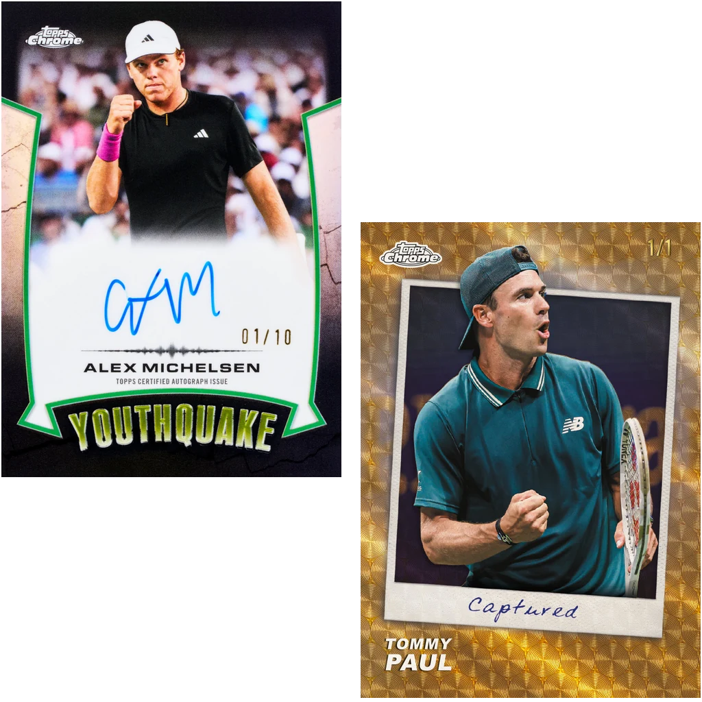 Alex Michelsen Youthquake Signatures und Tommy Paul Captured Beispielkarten aus Topps Chrome Tennis 2026
