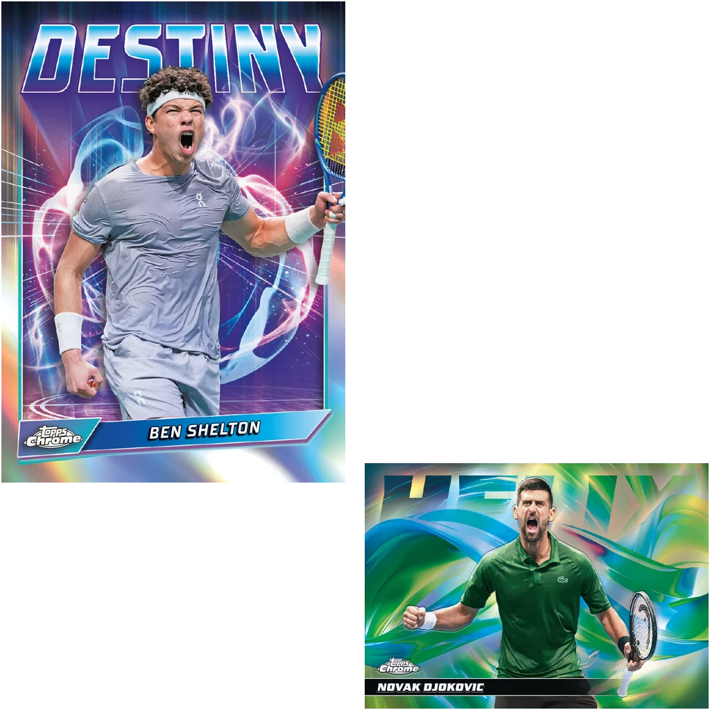 Ben Shelton Destiny und Novak Djokovic Helix Beispielkarten aus Topps Chrome Tennis 2026