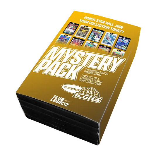 Club Legacyz Icons 1st Edition Mystery Pack Trading Cards – goldene Box mit 3 nummerierten Karten und Chance auf signierte Autograph Card (1 in 4 Boxen)