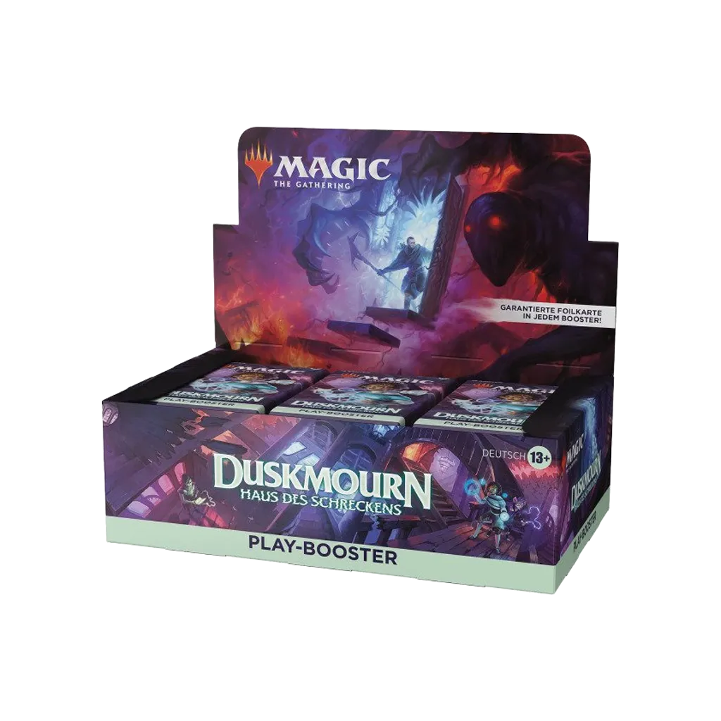 Geöffnetes MTG Duskmourn Haus des Schreckens Play Booster Display mit deutschen Boosterpackungen
