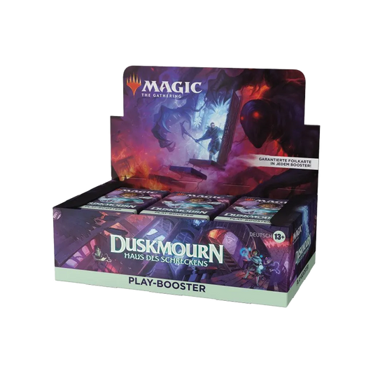Geöffnetes MTG Duskmourn Haus des Schreckens Play Booster Display mit deutschen Boosterpackungen