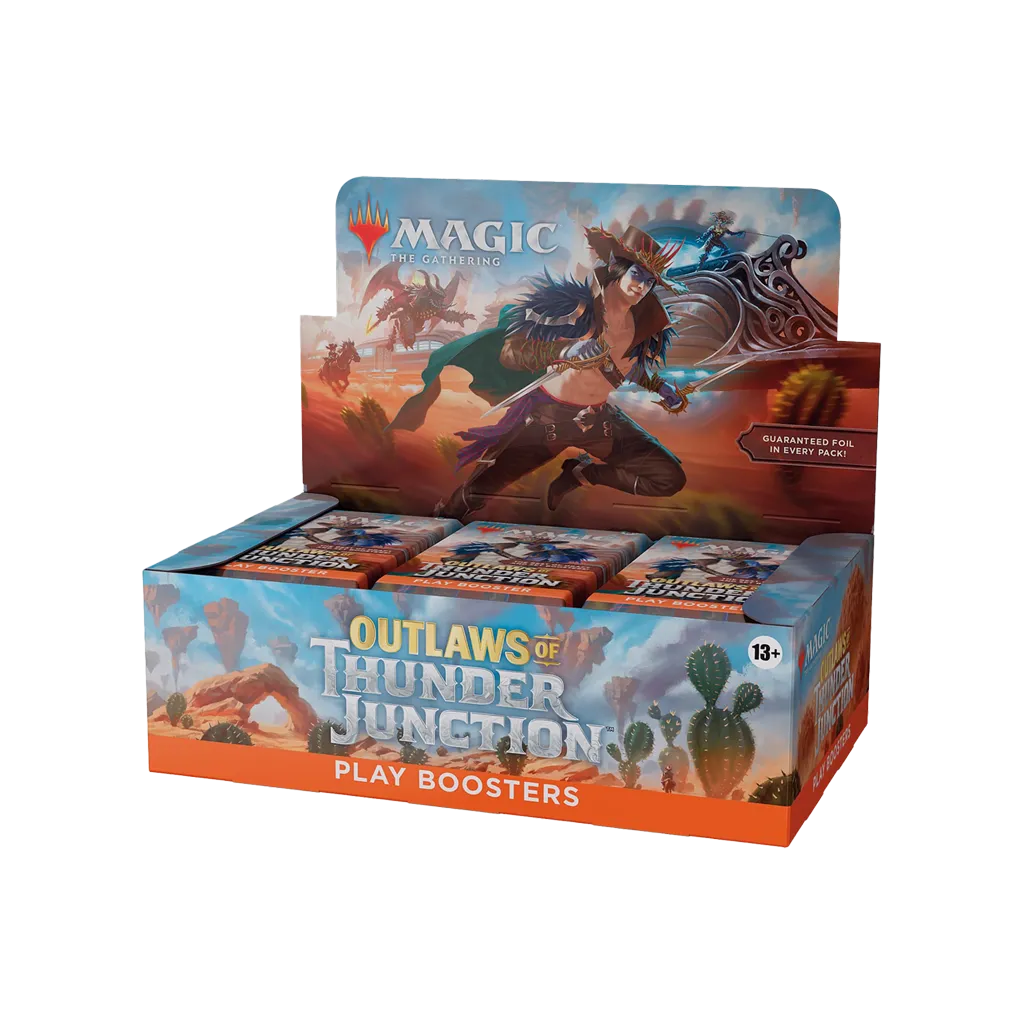 Geöffnetes MTG Outlaws of Thunder Junction Play Booster Display mit englischen Boosterpackungen