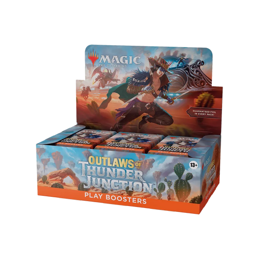 Geöffnetes MTG Outlaws of Thunder Junction Play Booster Display mit englischen Boosterpackungen