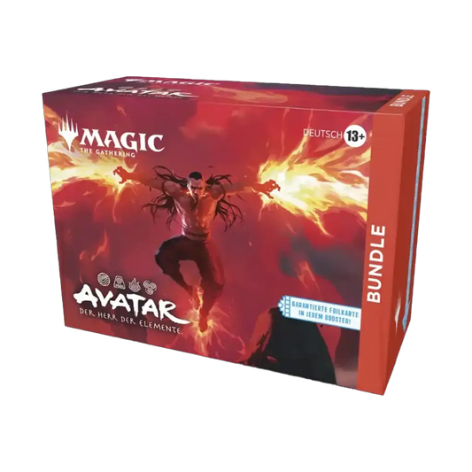 Magic: The Gathering – Avatar: Der Herr der Elemente Bundle Deutsch mit 9 Boostern, Promo-Karte und Avatar-Designbox.