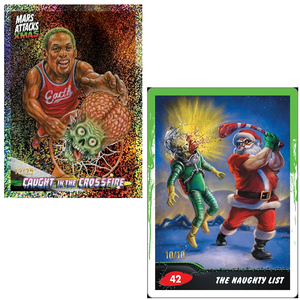 Mars Attacks Xmas Karte "Caught in the Crossfire" 12/25 in Glitzerfolie neben Karte 42 "The Naughty List" 10/10