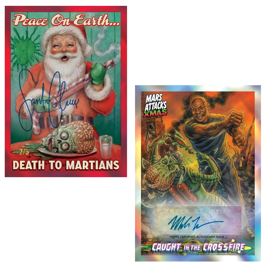 Signierte Mars Attacks Xmas Karte "Death to Martians" 2/5 neben Autogrammkarte "Caught in the Crossfire" in Refraktor-Optik