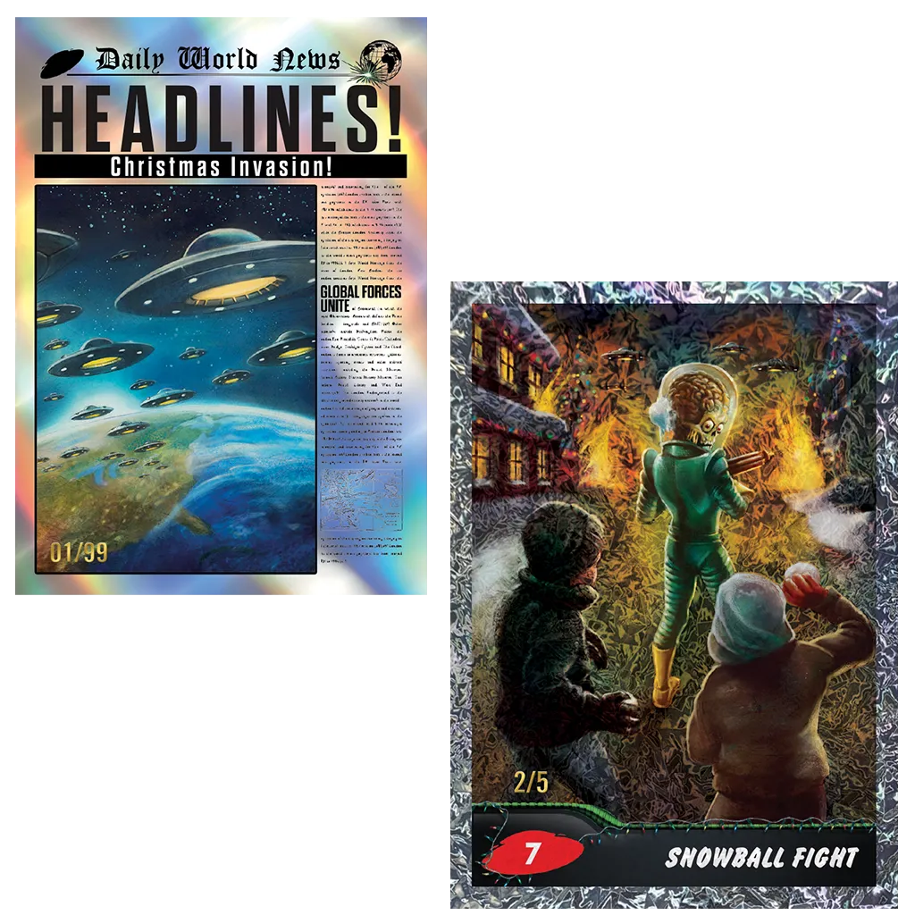 Mars Attacks Xmas Karte "Headlines: Christmas Invasion" 01/99 neben Karte 7 "Snowball Fight" 2/5 in Folienveredelung