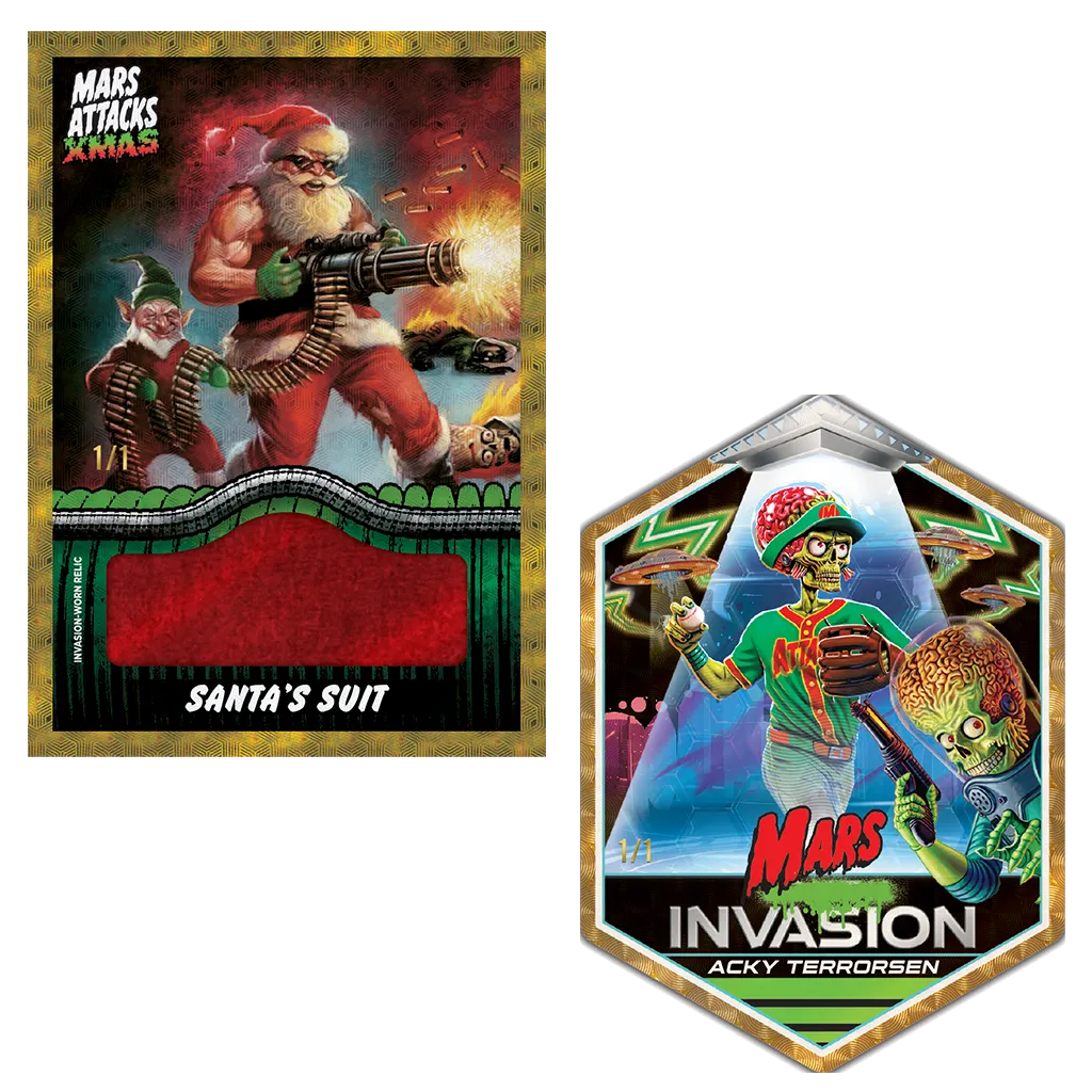 Mars Attacks Xmas Relic-Karte "Santa's Suit" 1/1 mit rotem Stoffeinsatz neben Mars Invasion Karte "Acky Terrorsen" 1/1