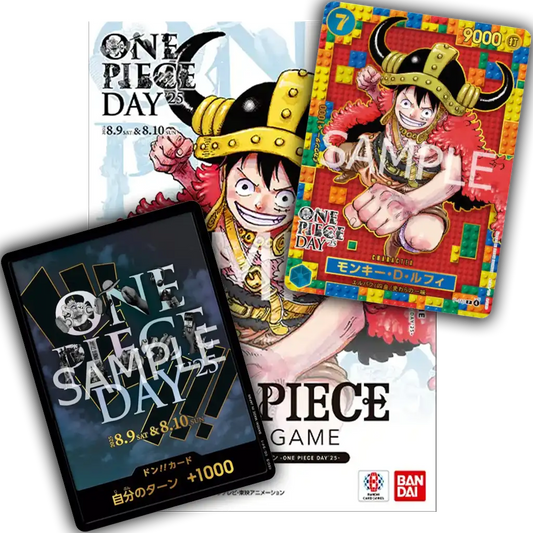 One Piece Card Game One Piece Day 2025 Promo – Monkey D. Luffy Elbaf Outfit, japanische Promo-Karte mit One Piece Day 2025 Card File und Don!!-Karte.