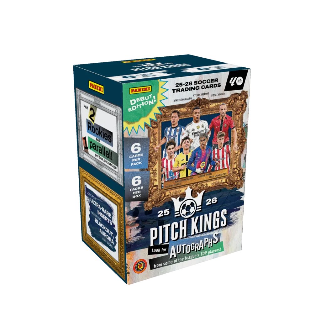 Panini Pitch Kings La Liga 2025/26 International Blaster Box mit 6 Packs und 36 Fußballkarten