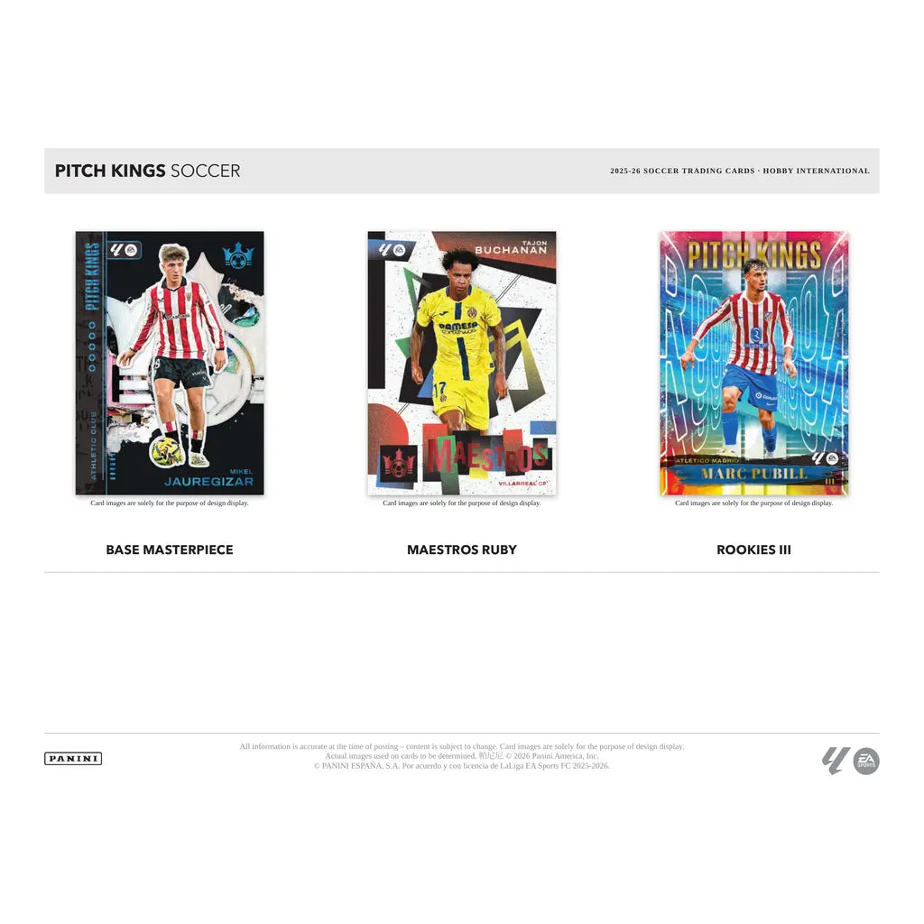 Panini Pitch Kings 2025/26 Kartendesigns mit Base Parallel Maestros und Rookies III