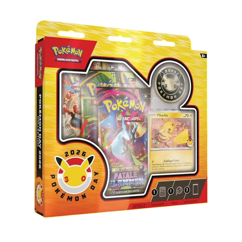 Pokémon Day Collection 2026 Deutsch – Jubiläumsbox mit Pikachu Promokarte, Münze und 3 Boosterpacks