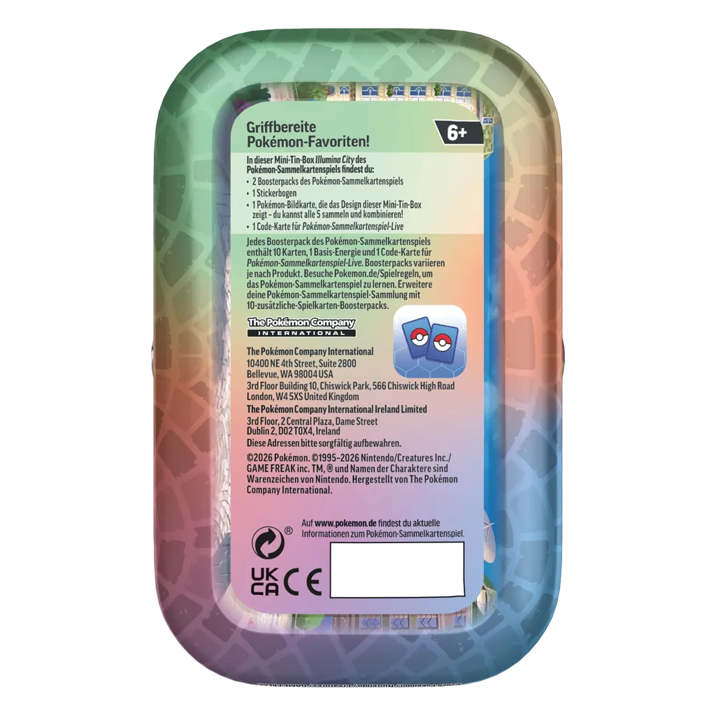 Pokemon Illumina City Mini Tin Deutsch Rückseite mit Inhalt und Produktdetails