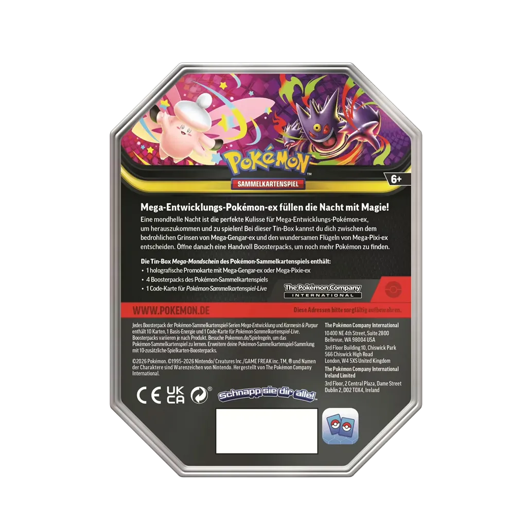 Pokemon Mega-Mondschein Tin Mega-Gengar-ex Deutsch Rückseite mit Inhalt und Produktdetails