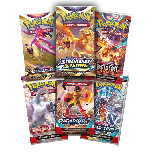 Pokémon TCG Booster Bundle mit 6 verschiedenen Packs aus den Sets Paradoxriss, Entwicklungen in Paldea, Strahlende Sterne, Obsidianflammen und Astralglanz – Sammelkarten Auswahl Deutsch.