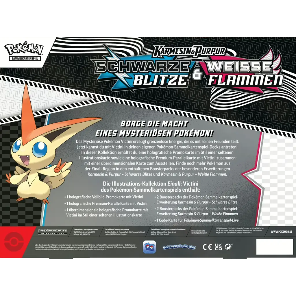 Pokemon Illustrations-Kollektion Einall: Victini [DE] – Rückseite mit Beschreibung, Victini-Artwork und Booster-Inhalt