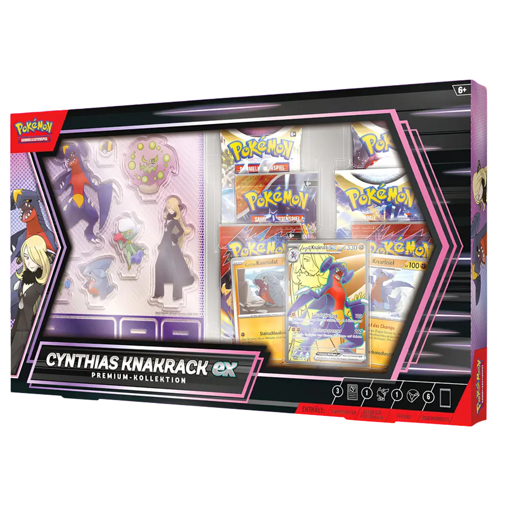 Pokémon Karmesin & Purpur – Cynthias Knakrack-ex Premium Kollektion [DE] – Box mit Holo-Promokarten, Acryl-Aufstellern, Stickern, 6 Boosterpacks und TCG Live Code-Karte