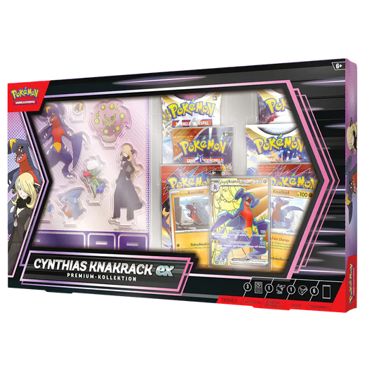 Pokémon Karmesin & Purpur – Cynthias Knakrack-ex Premium Kollektion [DE] – Box mit Holo-Promokarten, Acryl-Aufstellern, Stickern, 6 Boosterpacks und TCG Live Code-Karte