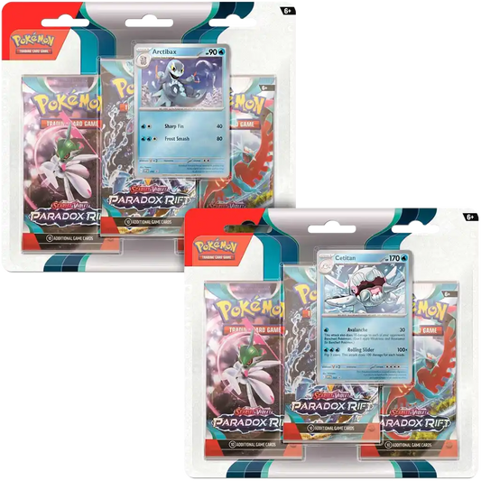 Pokémon Karmesin & Purpur – Paradoxrift 3er Blister [DE] mit 3 Boostern, Promo-Karte (Kolowal oder Cryospino) und Code-Karte für TCG Live