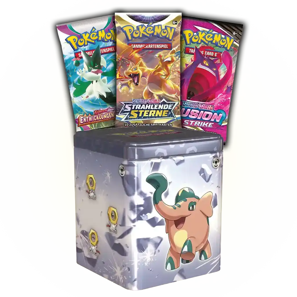 Pokémon Stacking Tin Frühling 2024 – Metall-Typ mit Cufant und Meltan, inklusive 3 Boosterpacks