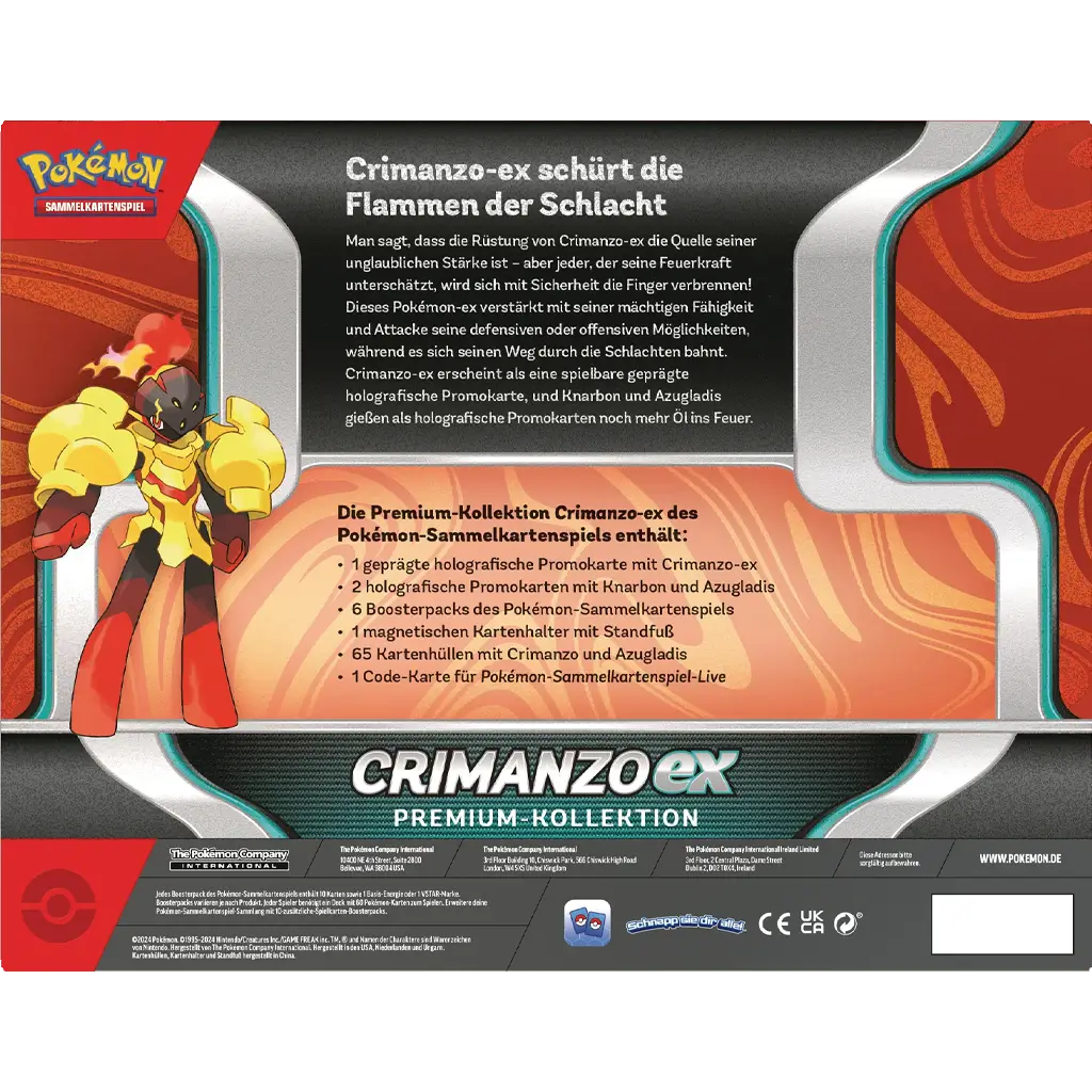 Produktbild der Pokémon TCG: Crimanzo ex Premium-Kollektion [DE], bestehend aus mehreren Boosterpacks, einer übergroßen Promokarte von Crimanzo ex, regulären Promokarten und Zubehör, verpackt in einer rot-goldenen Box mit Illustration von Crimanzo Rückseite