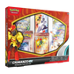 Produktbild der Pokémon TCG: Crimanzo ex Premium-Kollektion [DE], bestehend aus mehreren Boosterpacks, einer übergroßen Promokarte von Crimanzo ex, regulären Promokarten und Zubehör, verpackt in einer rot-goldenen Box mit Illustration von Crimanzo