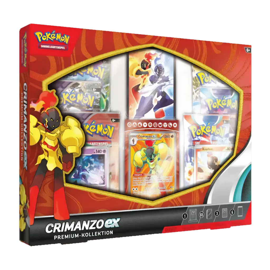 Produktbild der Pokémon TCG: Crimanzo ex Premium-Kollektion [DE], bestehend aus mehreren Boosterpacks, einer übergroßen Promokarte von Crimanzo ex, regulären Promokarten und Zubehör, verpackt in einer rot-goldenen Box mit Illustration von Crimanzo