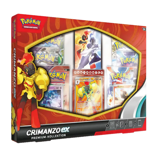 Produktbild der Pokémon TCG: Crimanzo ex Premium-Kollektion [DE], bestehend aus mehreren Boosterpacks, einer übergroßen Promokarte von Crimanzo ex, regulären Promokarten und Zubehör, verpackt in einer rot-goldenen Box mit Illustration von Crimanzo
