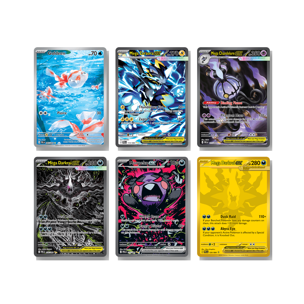 Pokemon Pitch Black Chase Cards mit Mega-Darkrai-ex, Mega-Zeraora-ex, Mega-Skelabra-ex und Morpeko-ex