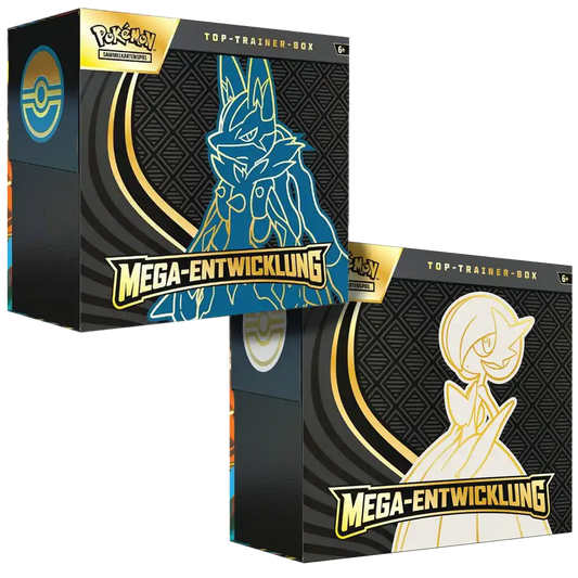 Pokémon TCG Mega-Entwicklungen ME01 Top-Trainer-Box Deutsch mit 9 Boostern, Kartenhüllen, Würfeln und weiterem Zubehör
