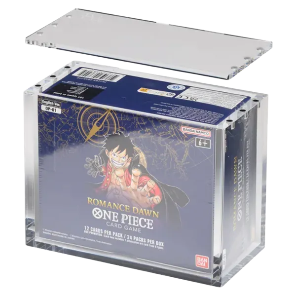Magnetisches One Piece OP01 Acryl Case mit geöffnetem Deckel und Beispieldisplay