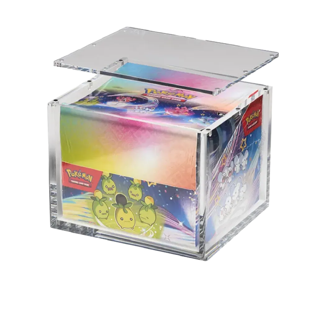 The Acrylic Box Pokemon Mini Tin Display Case für 10 Tins mit geöffnetem Magnetdeckel
